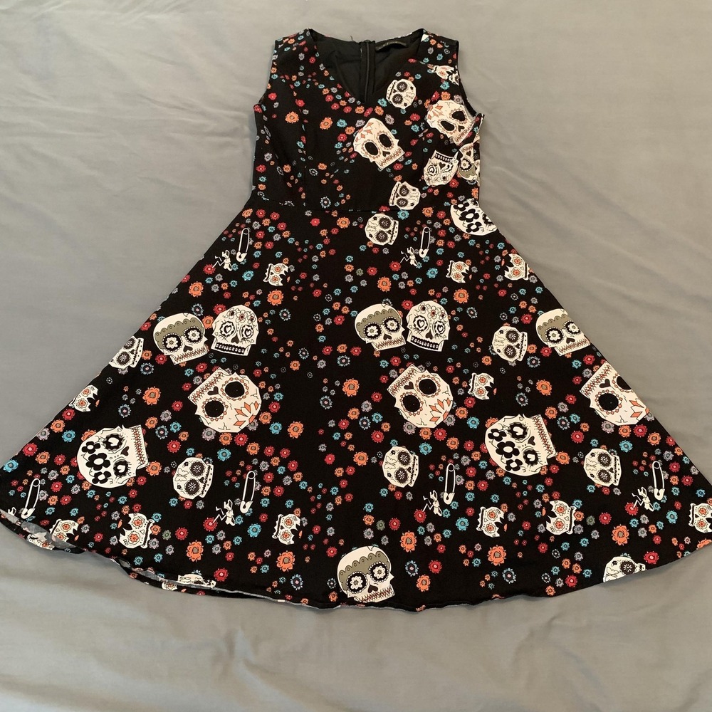 IHot Dress Womens Large Black Skull Floral V Neck Fit‎ Flare Halloween Party